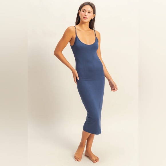 NEW Double Zero Dark Blue Bodycon Midi Cami Dress Stretch Size Large - Picture 4 of 5
